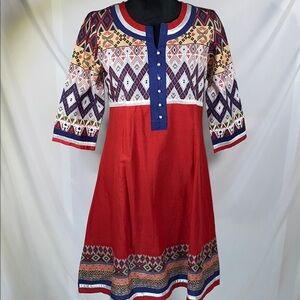 Avaasa Women’s Indian Kurta Tunic Dress Red Blue Ethnic Print Medium